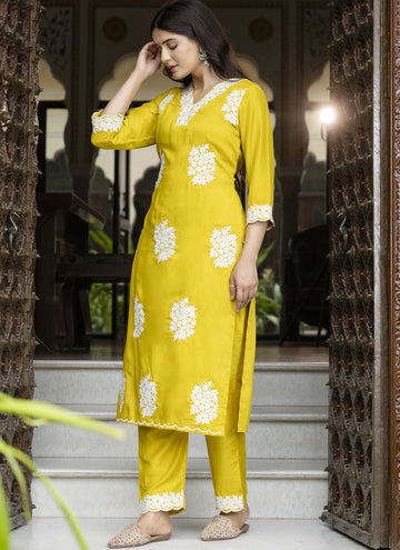 Vegaa Fashion Yellow Embroidered Silk Blend Kurti Suit - Dista