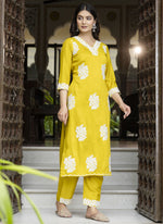 Thumbnail for Vegaa Fashion Yellow Embroidered Silk Blend Kurti Suit