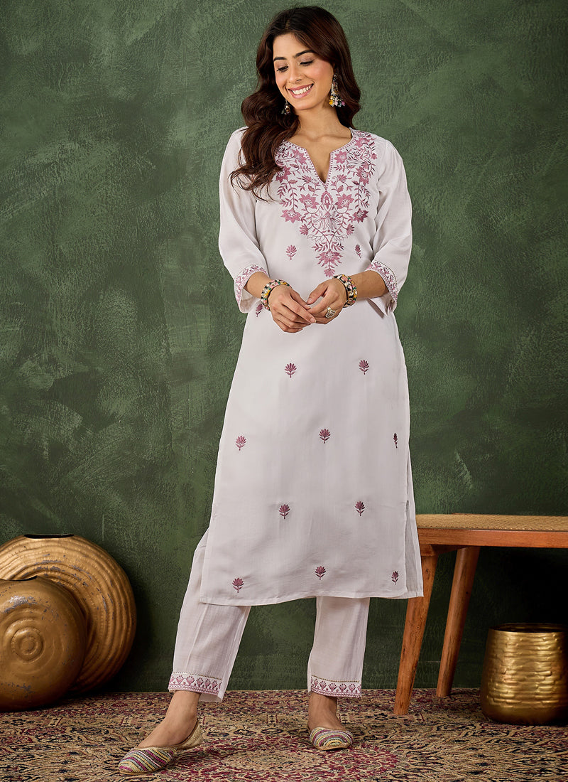 Vegaa Fashion Off-White Embroidered Roman Silk Kurti Suit - Dista
