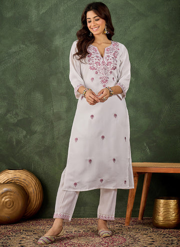 Vegaa Fashion Off-White Embroidered Roman Silk Kurti Suit - Dista