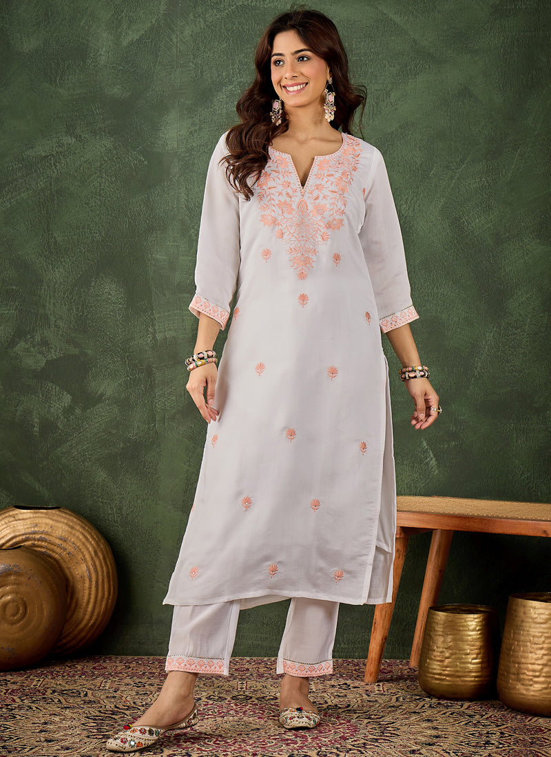 Vegaa Fashion Off-White Embroidered Roman Silk Kurti Suit - Dista