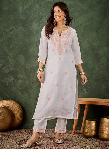 Vegaa Fashion Off-White Embroidered Roman Silk Kurti Suit - Dista