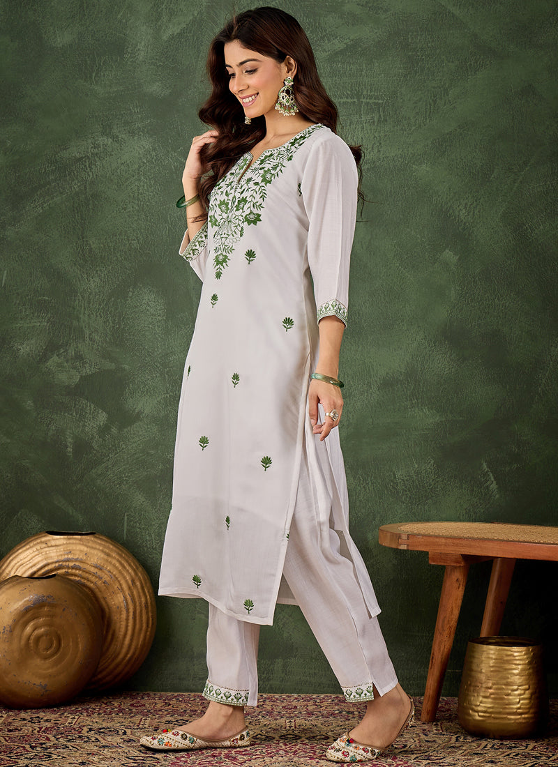 Vegaa Fashion Off-White Embroidered Roman Silk Kurti Suit - Dista