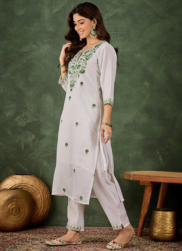 Vegaa Fashion Off-White Embroidered Roman Silk Kurti Suit - Dista