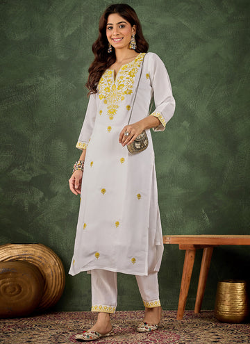 Vegaa Fashion Off-White Embroidered Roman Silk Kurti Suit - Dista