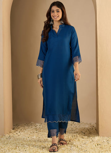 Vegaa Fashion Dark-Blue Embroidered Cotton Silk Kurti Suit - Dista