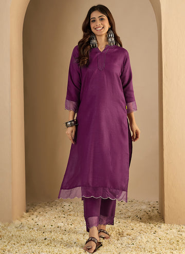 Vegaa Fashion Dark-Purple Embroidered Cotton Silk Kurti Suit - Dista