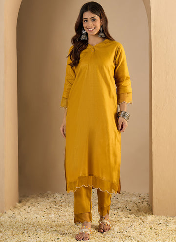 Vegaa Fashion Yellow Embroidered Cotton Silk Kurti Suit - Dista