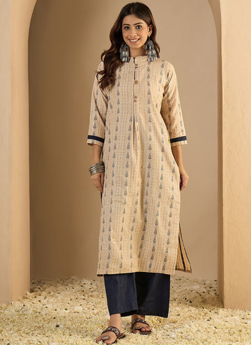 Vegaa Fashion Cream Embroidered Woven Silk Kurti Suit - Dista