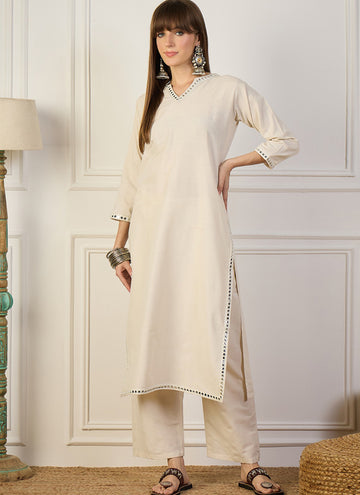 Vegaa Fashion Cream Embroidered Woven Silk Kurti Suit - Dista