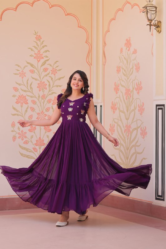 Preksha Creation Women Faux Blooming With Sequins Multithreaded Beads Embroidered work Gown