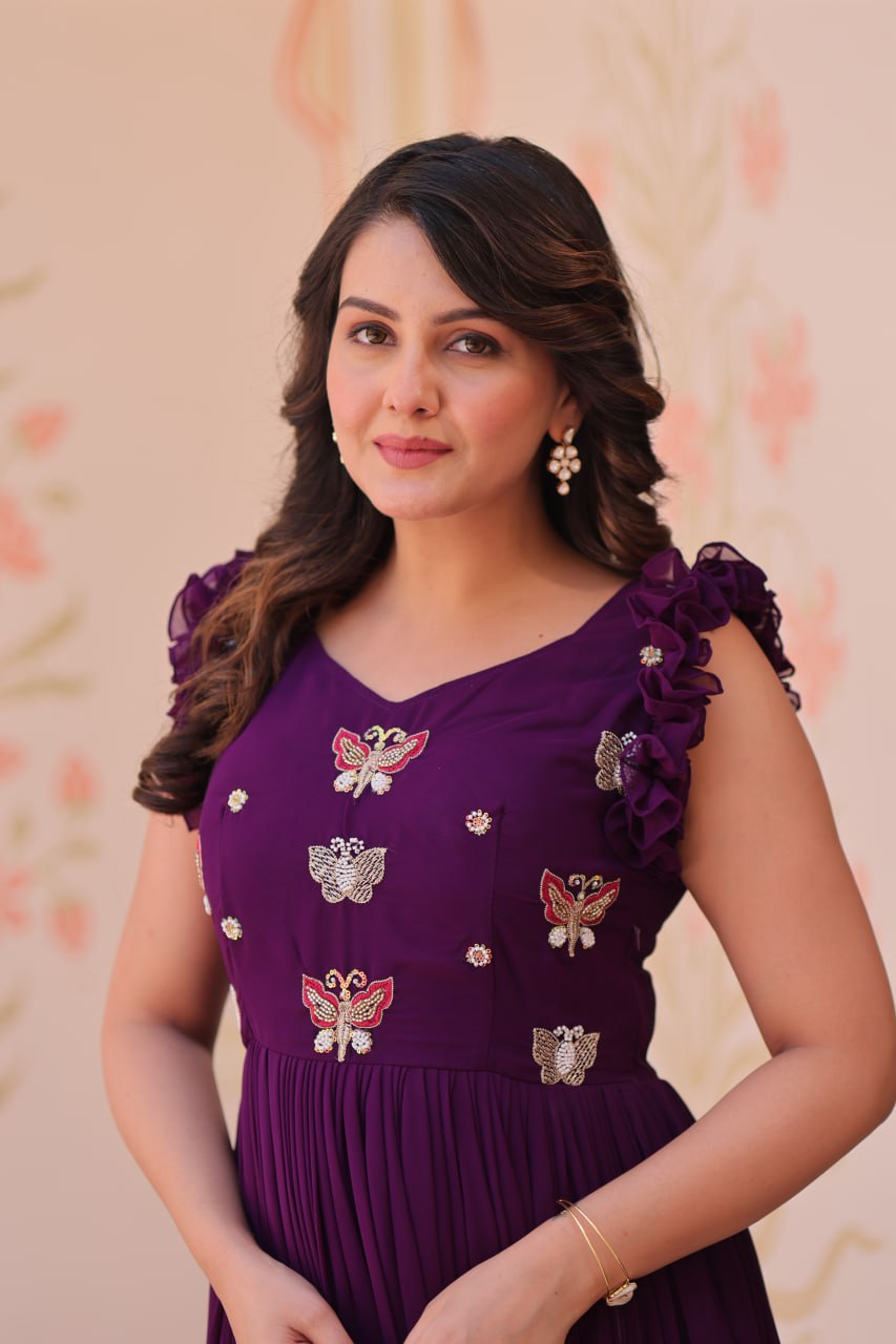 Preksha Creation Women Faux Blooming With Sequins Multithreaded Beads Embroidered work Gown
