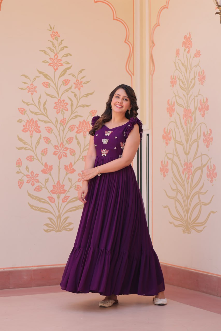 Preksha Creation Women Faux Blooming With Sequins Multithreaded Beads Embroidered work Gown