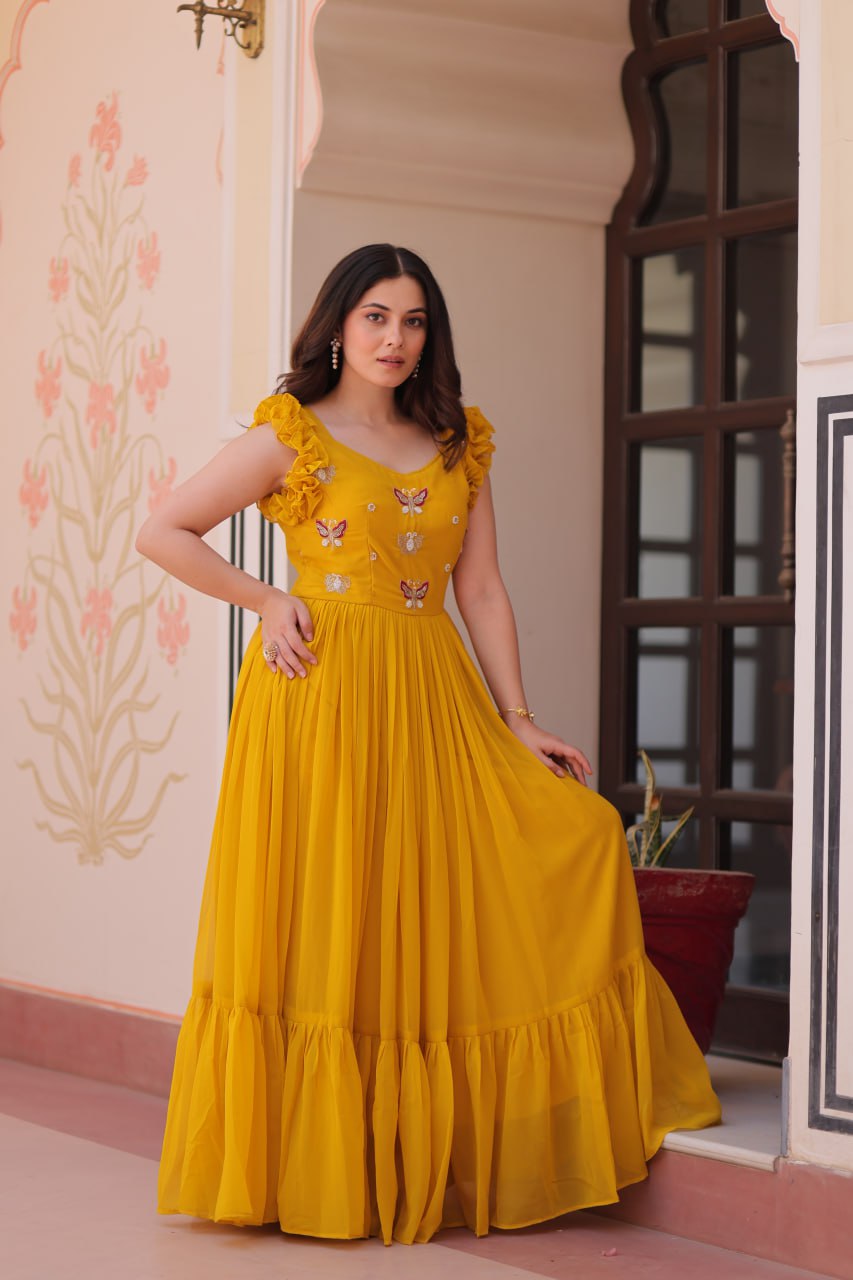Preksha Creation Women Faux Blooming With Sequins Multithreaded Beads Embroidered work Gown