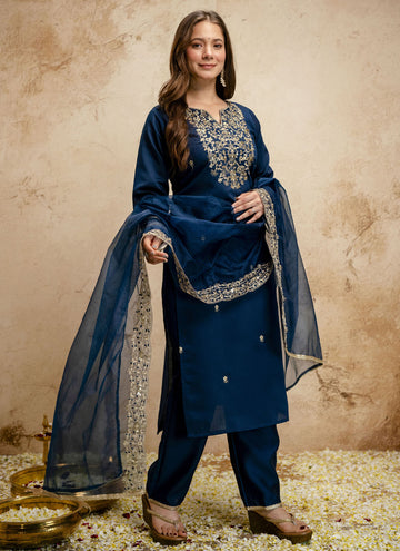Vegaa Fashion Dark-Blue Embroidered Chanderi Salwar Suit - Dista