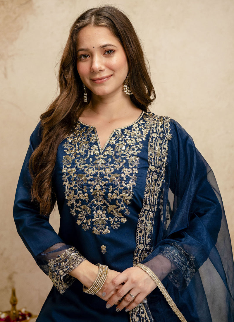 Vegaa Fashion Dark-Blue Embroidered Chanderi Salwar Suit - Dista