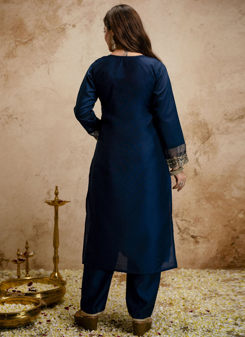 Vegaa Fashion Dark-Blue Embroidered Chanderi Salwar Suit - Dista