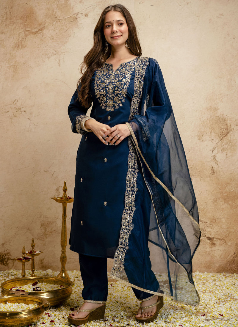 Vegaa Fashion Dark-Blue Embroidered Chanderi Salwar Suit - Dista