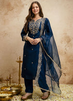 Thumbnail for Vegaa Fashion Dark-Blue Embroidered Chanderi Salwar Suit - Dista