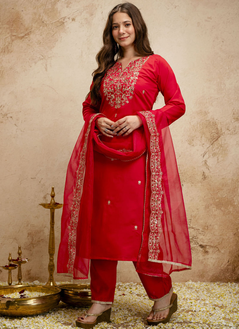 Vegaa Fashion Red Embroidered Chanderi Salwar Suit - Dista