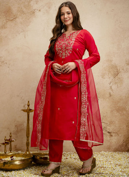 Vegaa Fashion Red Embroidered Chanderi Salwar Suit - Dista