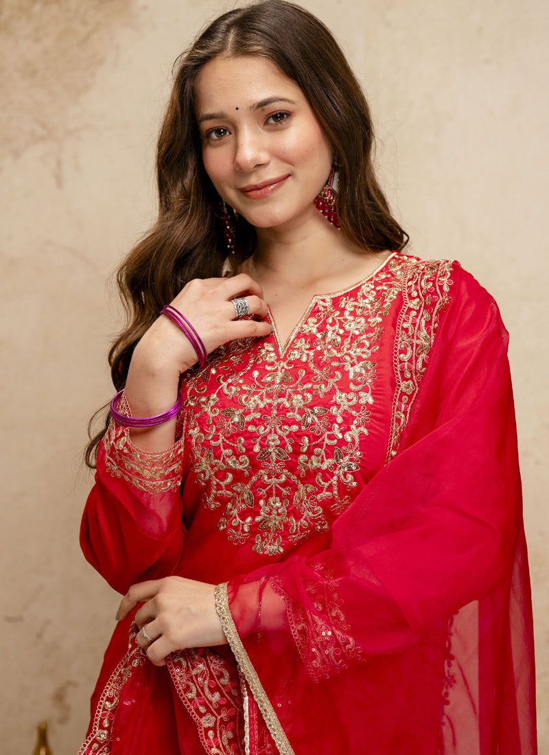 Vegaa Fashion Red Embroidered Chanderi Salwar Suit - Dista