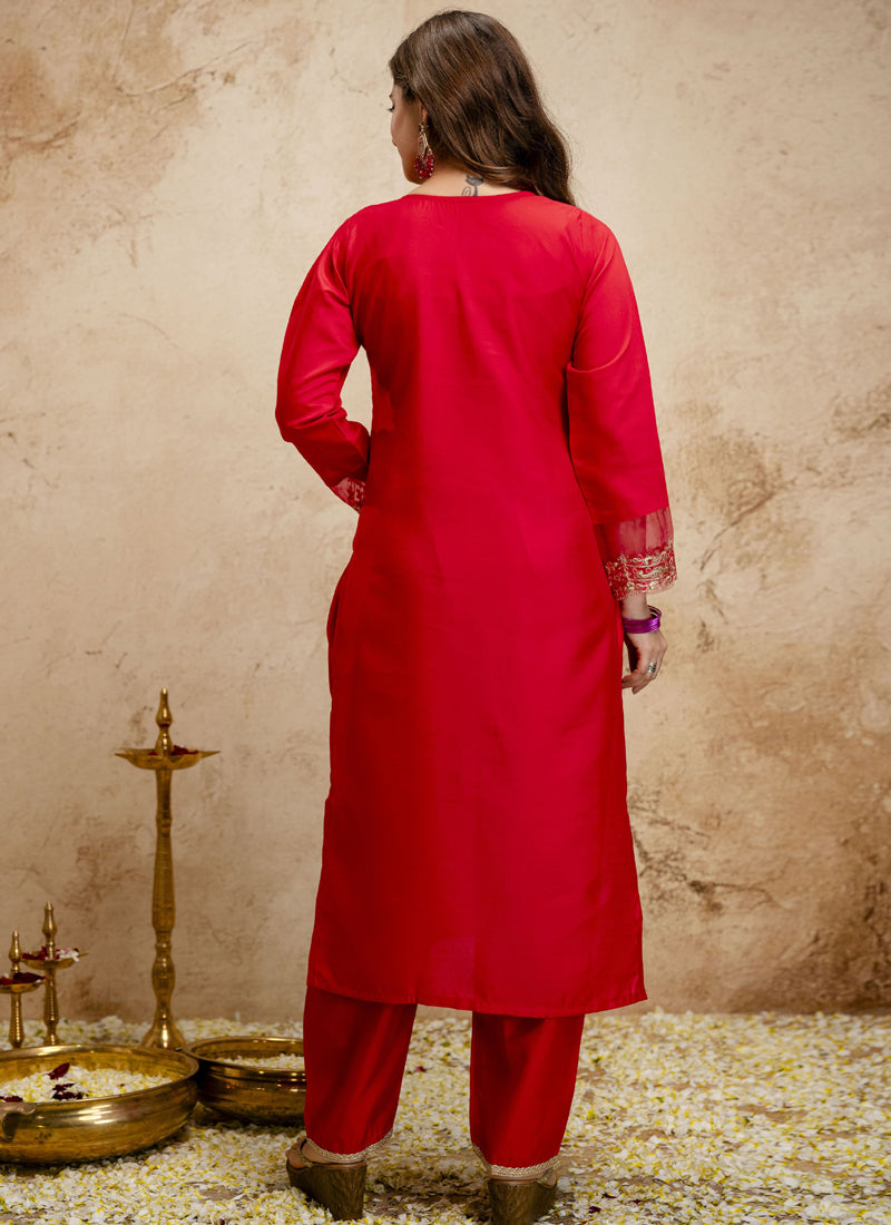 Vegaa Fashion Red Embroidered Chanderi Salwar Suit - Dista