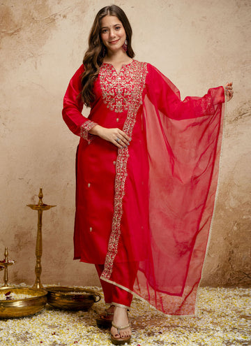 Vegaa Fashion Red Embroidered Chanderi Salwar Suit - Dista