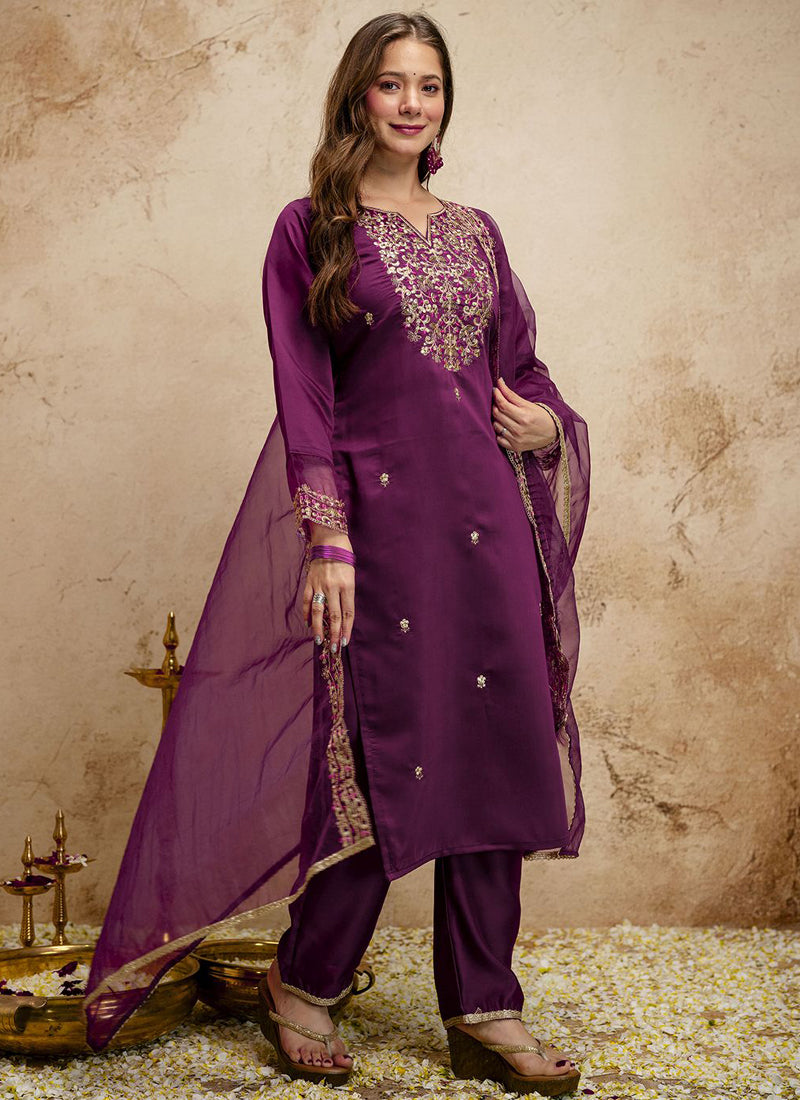 Vegaa Fashion Dark-Purple Embroidered Chanderi Salwar Suit - Dista