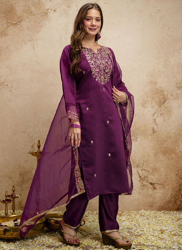 Vegaa Fashion Dark-Purple Embroidered Chanderi Salwar Suit - Dista