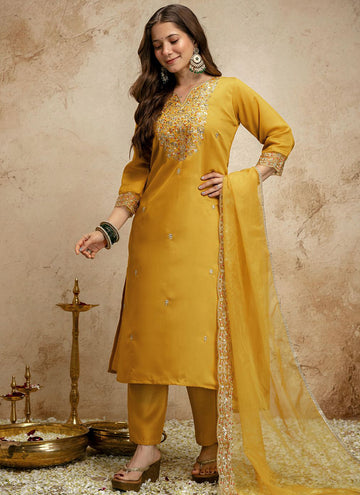 Vegaa Fashion Yellow Embroidered Chanderi Salwar Suit - Dista