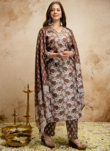 Vegaa Fashion Brown Printed Megic Cotton Salwar Suit - Dista