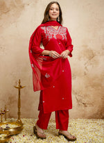 Thumbnail for Vegaa Fashion Red Embroidered Chanderi Salwar Suit