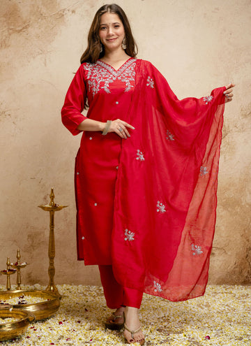 Vegaa Fashion Red Embroidered Chanderi Salwar Suit - Dista