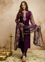 Thumbnail for Vegaa Fashion Wine Embroidered Chanderi Salwar Suit