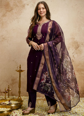 Vegaa Fashion Wine Embroidered Chanderi Salwar Suit - Dista