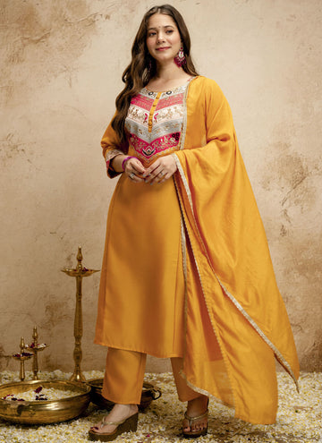 Vegaa Fashion Yellow Embroidered Vichitra Silk Anarkali Suit - Dista