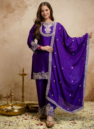 Vegaa Fashion Purple Embroidered Chanderi Salwar Suit - Dista