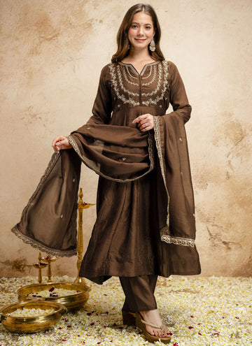 Vegaa Fashion Brown Embroidered Vichitra Silk Anarkali Suit - Dista
