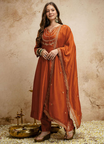 Vegaa Fashion Dark-Orange Embroidered Vichitra Silk Anarkali Suit - Dista
