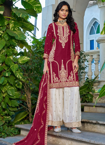 Vegaa Fashion Red Embroidered Chinon Silk Palazzo Suit - Dista