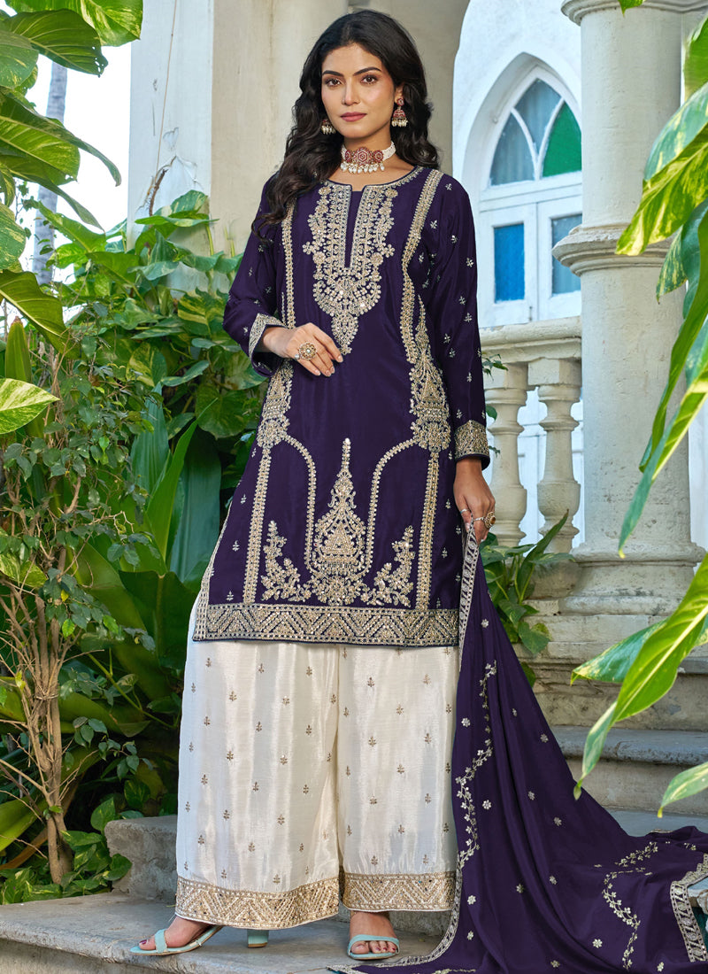 Vegaa Fashion Dark-Purple Embroidered Chinon Silk Palazzo Suit - Dista