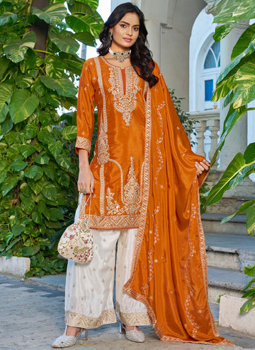Vegaa Fashion Orange Embroidered Chinon Silk Palazzo Suit - Dista
