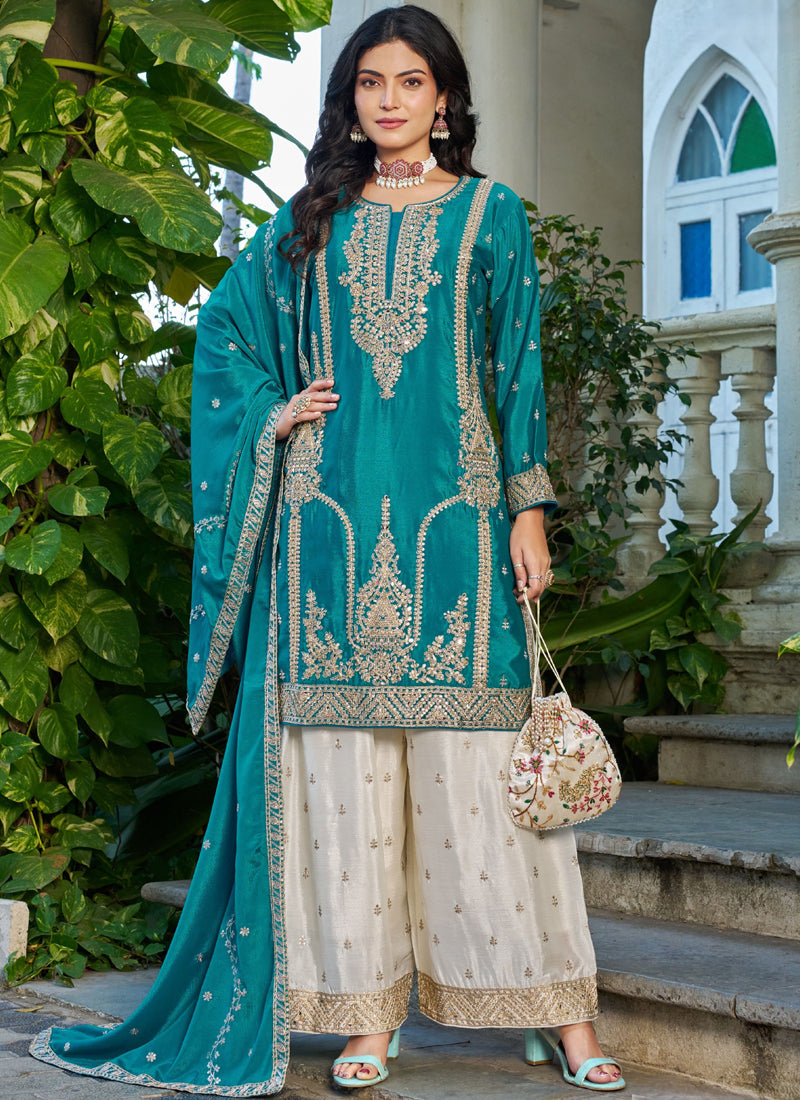 Vegaa Fashion Turquoise Embroidered Chinon Silk Palazzo Suit - Dista