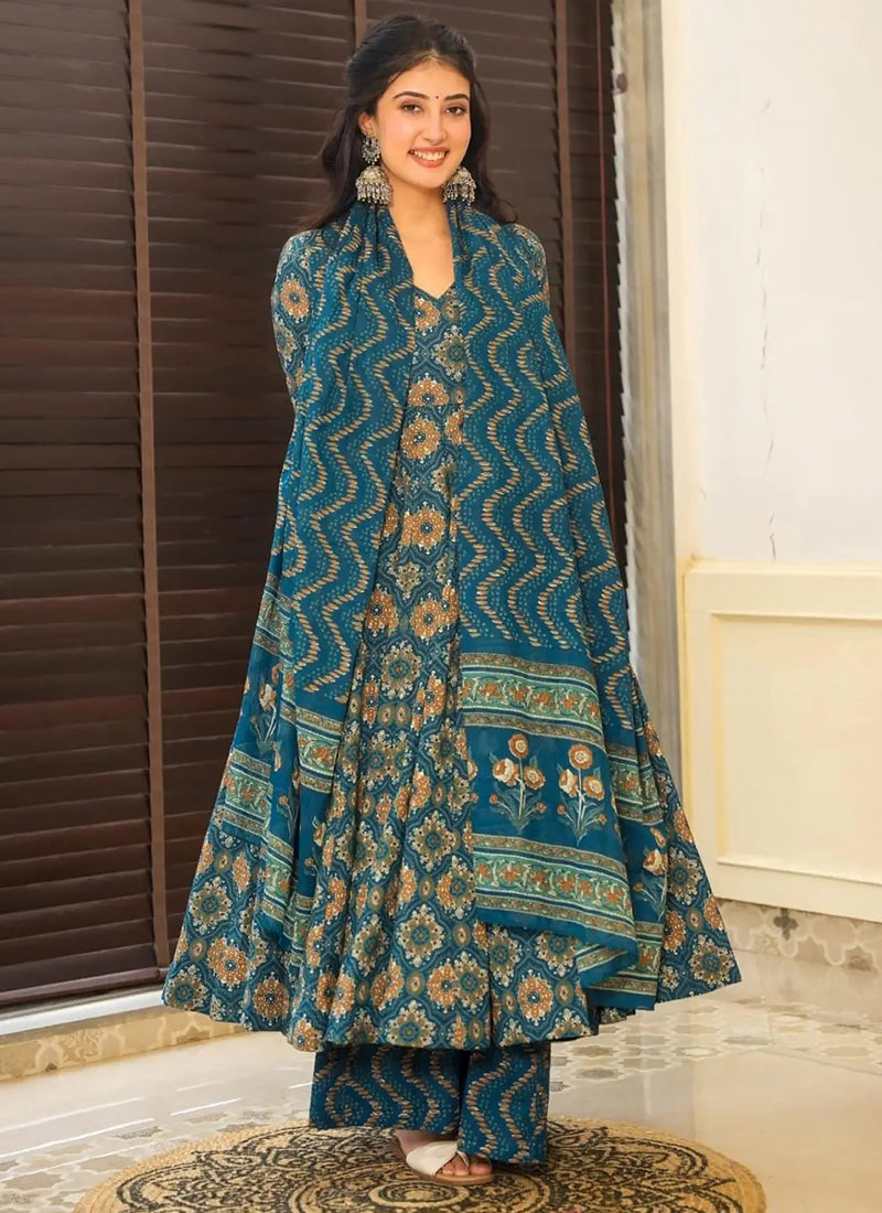Vegaa Fashion Aqua Blue Muslin Printed Designer Palazzo Suit