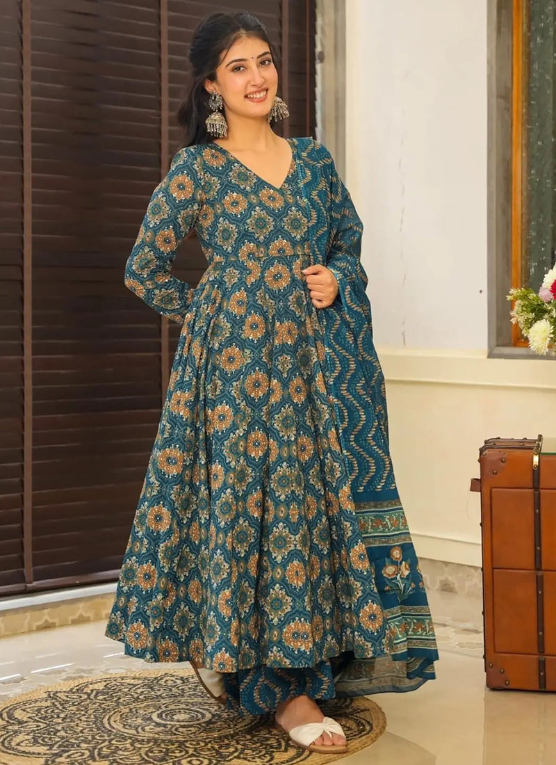 Vegaa Fashion Aqua Blue Muslin Printed Designer Palazzo Suit