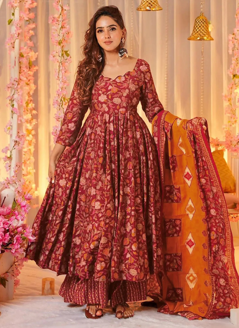 Vegaa Fashion Red Muslin Printed Designer Palazzo Suit