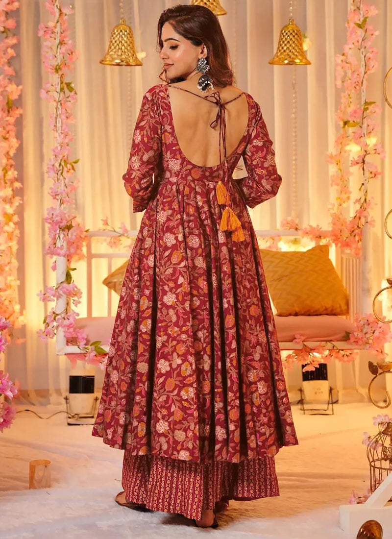Vegaa Fashion Red Muslin Printed Designer Palazzo Suit