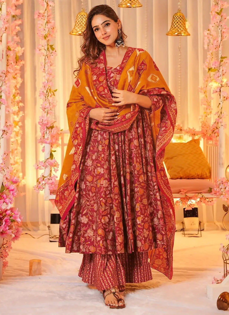 Vegaa Fashion Red Muslin Printed Designer Palazzo Suit