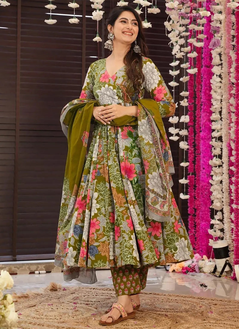 Vegaa Fashion Mehendi Muslin Printed Designer Palazzo Suit